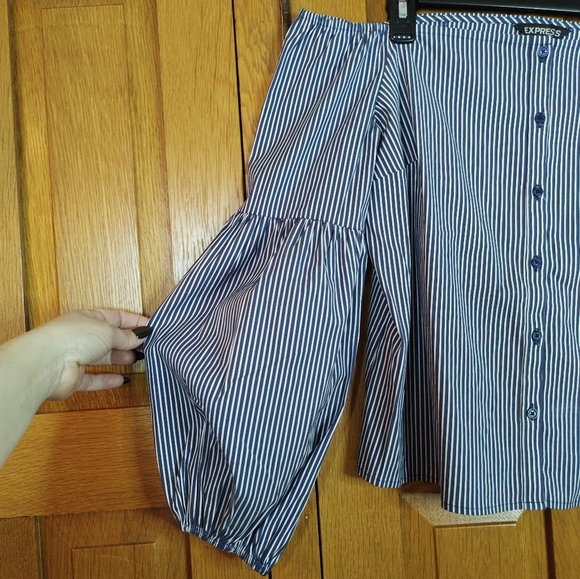 Express blue& white striped sexy off shoulder puff long sleeve Bardot blouse - Picture 4 of 11